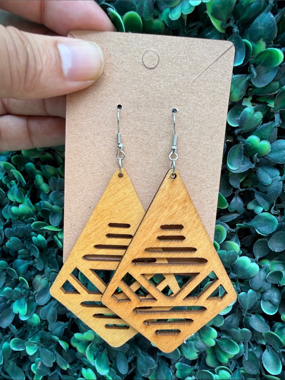 Hand Crafted Tan Wooden Geometric Drop Earrings